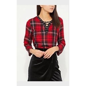 Red Plaid Print Lace Up Shirt